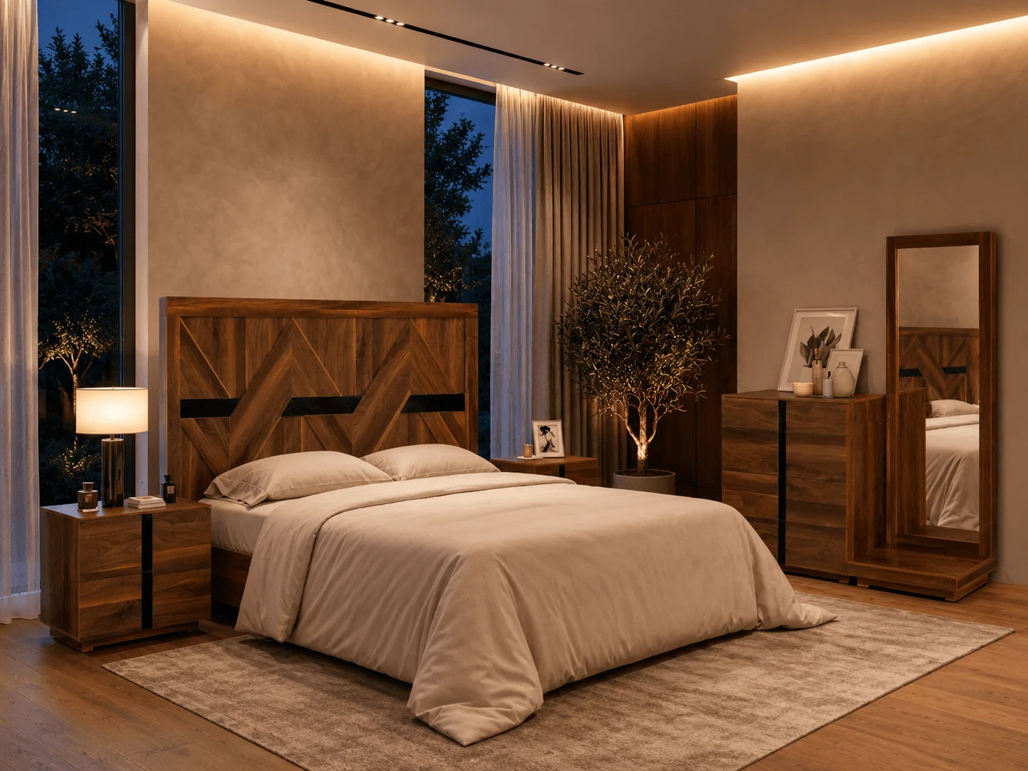 Recámara Amalia en ambiente — cama, buró y cómoda con espejo